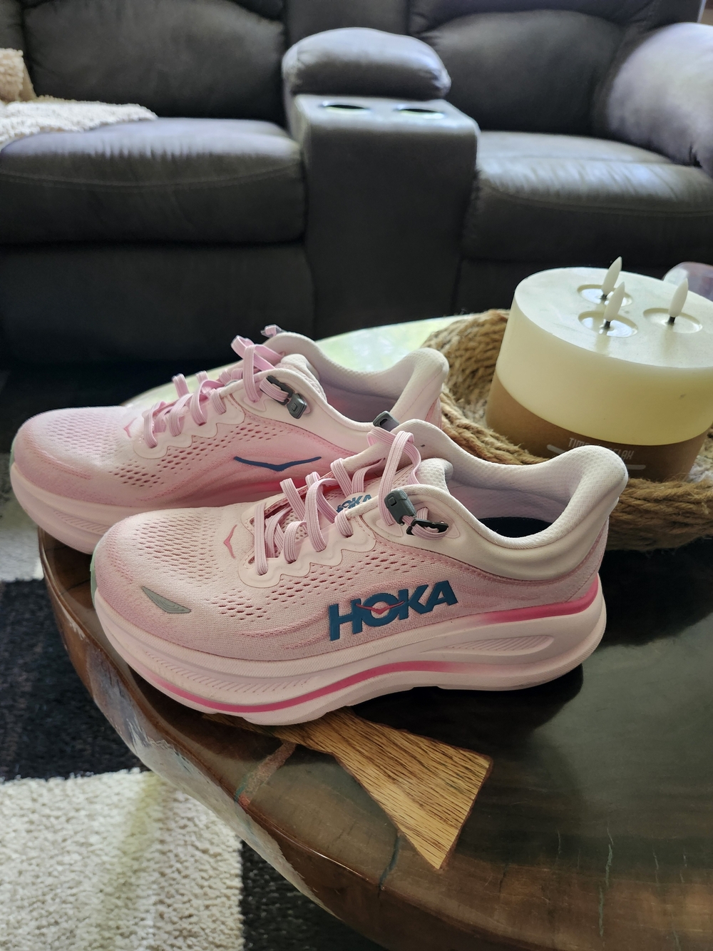 Hoka Women's Light Pink Running Shoes with Blue Logo Worn Once Inside The House.